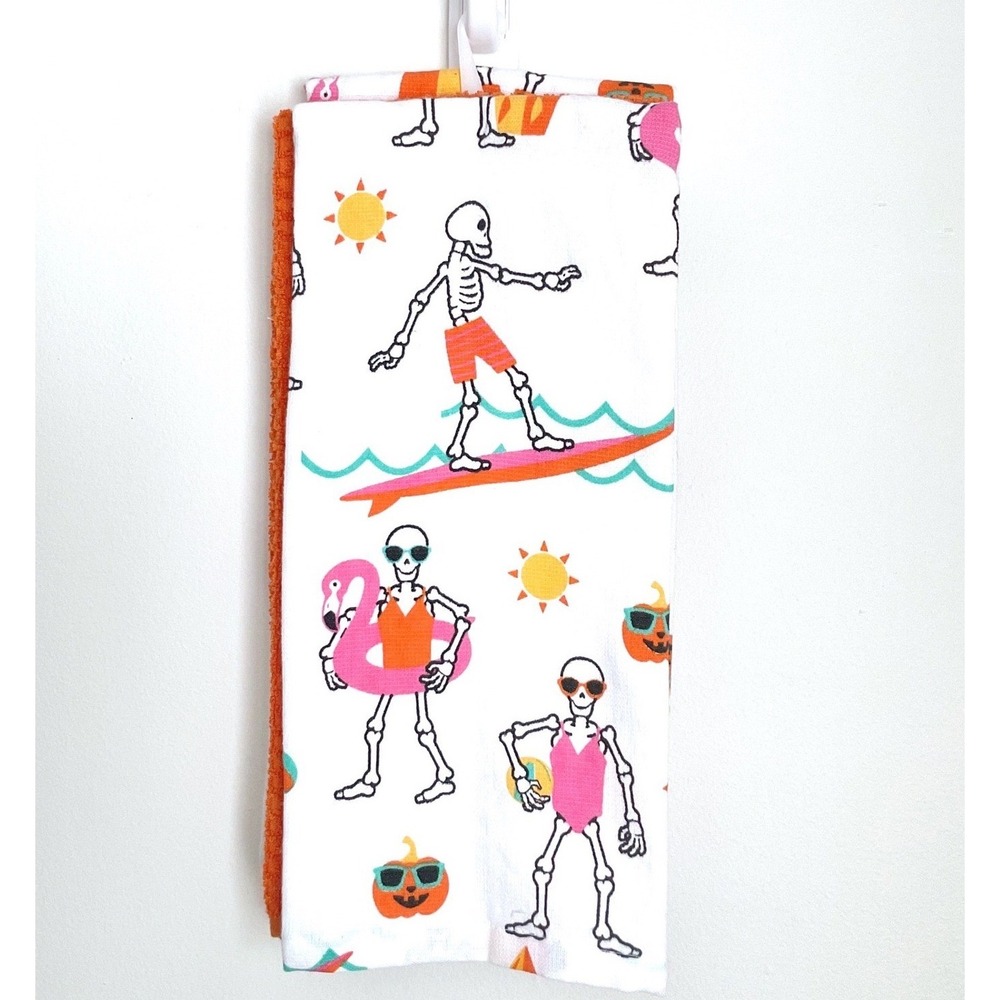 Summerween Skeleton Beach Surfing Kitchen Towel Halloween Spooky Summer NEW